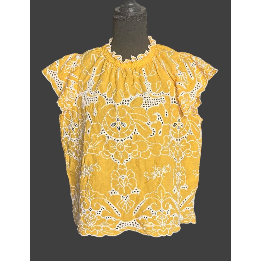 Jennifer & Grace Yellow Eyelet Embroidered Cotton Cottagecore Top Medium